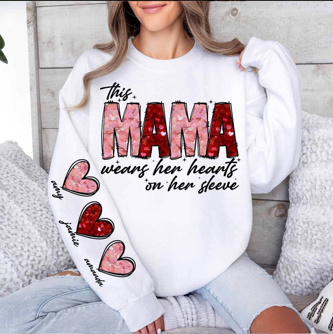 Faux Glitter Mama wears her heart on her sleeve Sweatshirt