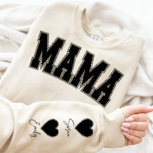 Leopard Print Mama Sweatshirt Kids Names on Sleeves